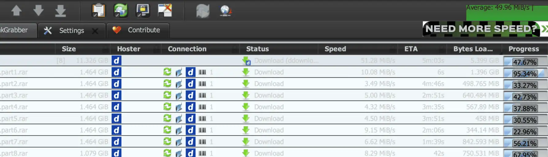 DDownload Premium JDownloader 2 test: 8 files, average 49.96 MiB/s