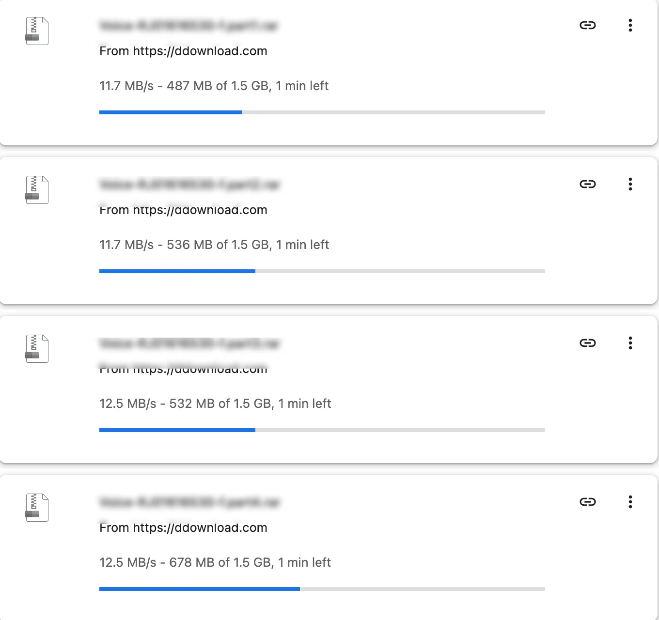 DDownload Premium parallel download test: four files at 11.7–12.5 MB/s each