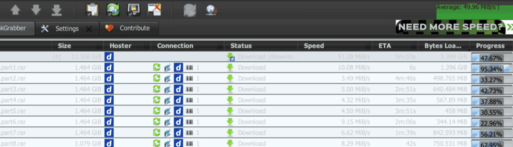 DDownload Premium JDownloader speed test showing about 50 MiB/s average speed